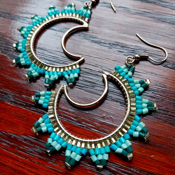 Handmade Turquoise Moon Beaded Earrings - Picture 1 of 3